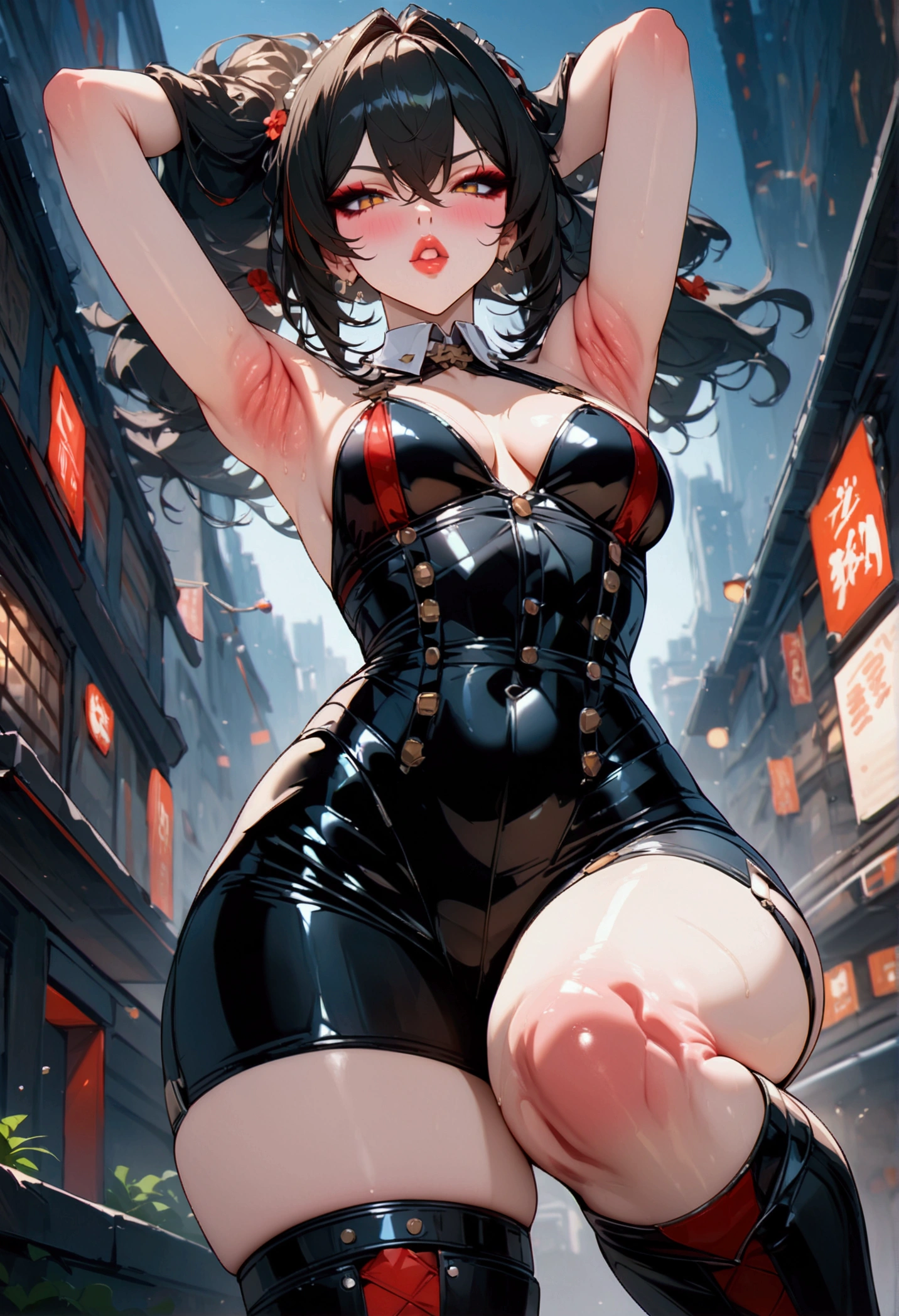 Zhu Yuan (Zenless Zone Zero), Night view, Beauty, Beautiful eyes, blush, uhd, retina, masterpiece, ccurate, anatomically correct, textured skin, super detail, high details, high quality, best quality, highres, grin, knee high boots, puckered lips, gloss lips, lipstick, 4K, eyeshadow, latex gloves, holding cash, eyeliner, blush, armpit