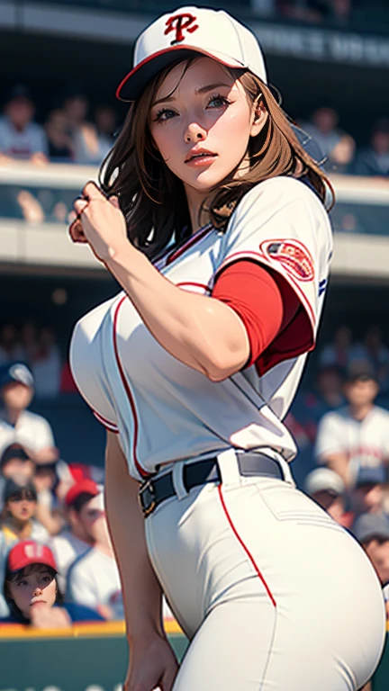 Bryce Dallas Howard as a sexy baseball player, baseball field, sexy baseball uniform, cleavage, midriff, smiling, friendly expression, dynamic pose, bright lighting, warm colors, photorealistic, (best quality,4k,8k,highres,masterpiece:1.2),ultra-detailed,(realistic,photorealistic,photo-realistic:1.37)