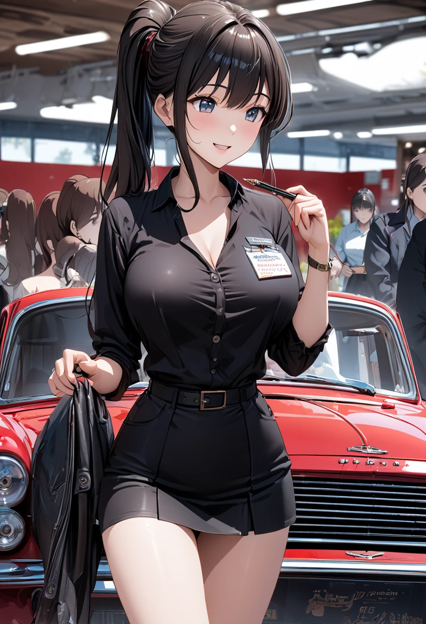  best quality、 Ultra Precise 、Detailed drawing、 vibrant colors、alone、Beautiful girl 、Age 30、classic car shop、showroom、Lots of cars、table、Beautiful big boobs、 business suit、 shirt 、 ties、Name tag、 Mini Skirt、 black stockings、catalog book and pen in hand、smile、Beautiful figure、 ponytail、Butt、 see here、 slender figure、Accurate depiction、 anime style illustration、
