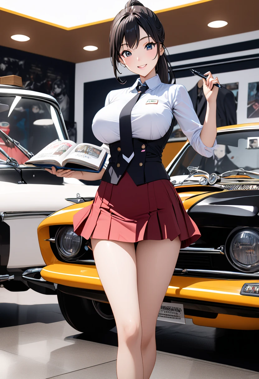  best quality、 Ultra Precise 、Detailed drawing、 vibrant colors、alone、Beautiful girl 、Age 30、classic car shop、showroom、Lots of cars、table、Beautiful big boobs、 business suit、 shirt 、 ties、Name tag、 Mini Skirt、 black stockings、catalog book and pen in hand、smile、Beautiful figure、 ponytail、Butt、 see here、 slender figure、Accurate depiction、 anime style illustration、
