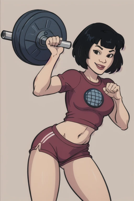 masterpiece, best quality, 1girl, gi, black hair, short hair, black eyes, looking at viewer, ring, smile, solo, simple background, gym clothes, gym shorts