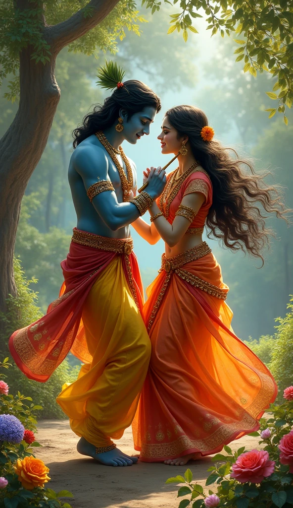 A divine depiction of Lord Krishna with Radha, dancing together in a vibrant, flower-filled meadow.