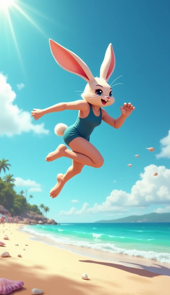 variety of poses, slim, gap, cute butt, tight body, Hopps, Babs, Cream, bunny, girl, blue eyes, ears drooping, lop-eared, VR headset as a backpack, standing, swim suit, bikini, happy, midday, disheveled masterpiece, detailed, NSFW, e621, detailed background, 8k, 4k . digital artwork, illustrative, painterly, matte painting, highly detailed