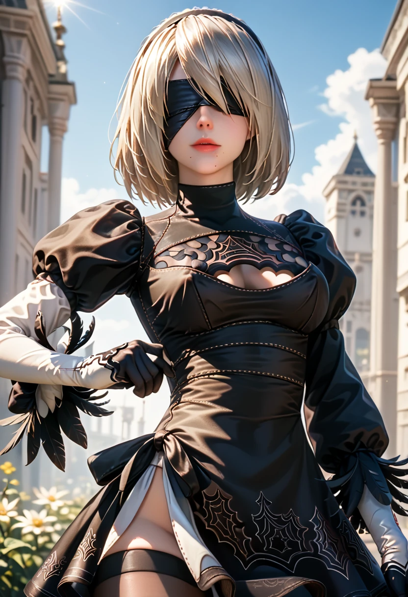 (Masterpiece, nier automata 2B, with black blindfold on,standing in a beautiful pose: 1.5) (Best Quality, cinematic lighting: 1.5), Perfect Eyes, Perfect Face, Volumetric Lighting, sunlit atmosphere cinematic presentation,slight frills, Black Stockings, Seductive, background is a romantic nighttime cathedral setting, Super Close Shot, Very accentuated hourglass figure, (Inner Flesh: 0.5), (Nipple Protrusion: 0.5) akin is greasy. Goose bumps