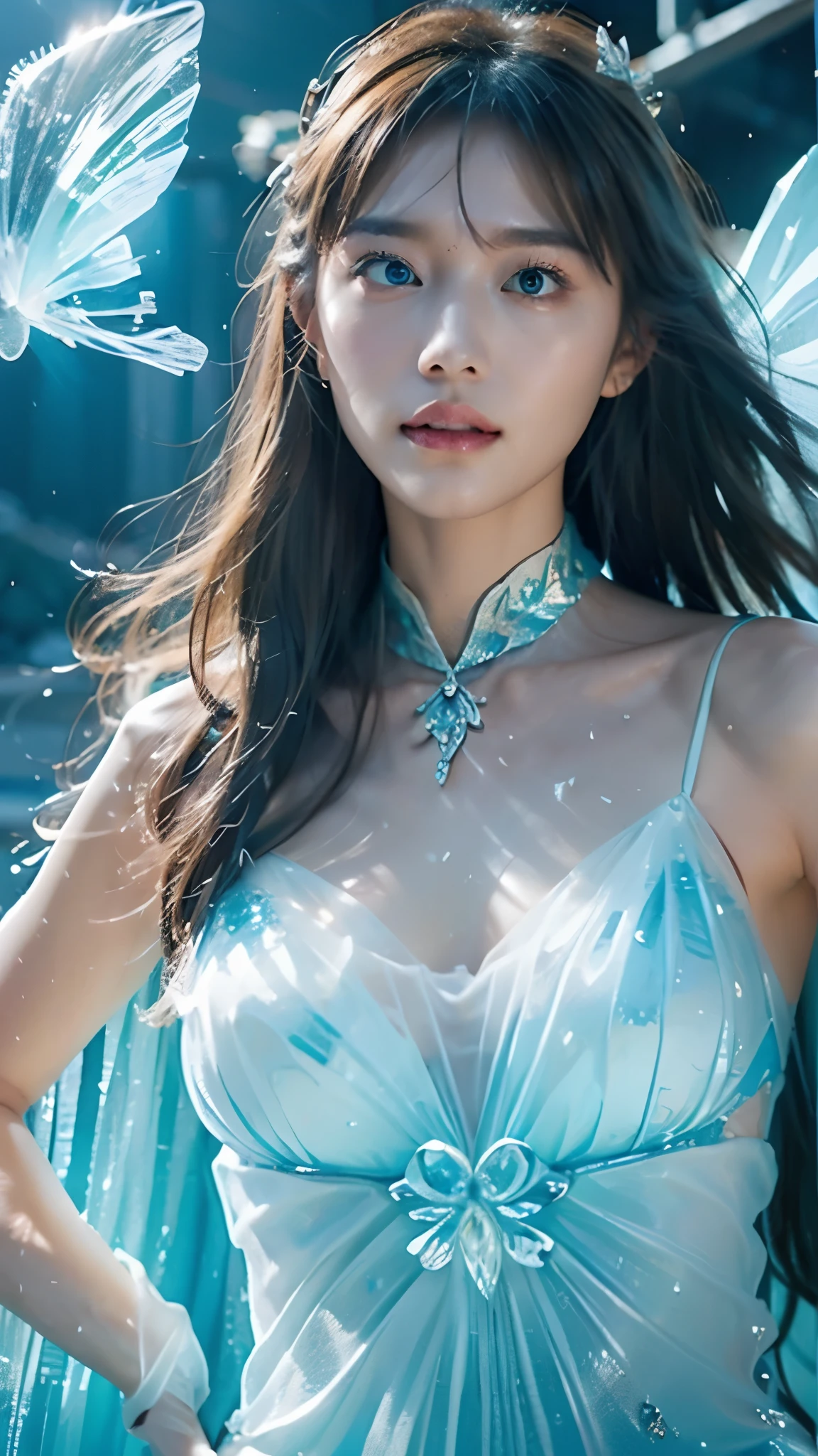 masterpiece, (photorealistic:1.4), best quality, beautiful lighting, winter field, outdoors, upper body, 1 girl, natural beautiful female, slender woman, ((small breasts)). noble queen of snow, blushing face, smiling, ((chignon black hair)), emerald eyes, detailed, intricate, RAW photo, 8k uhd, film grain,
(((extremely detailed gorgeous crystal brassiere, ice loincloth))),
extremely detailed gorgeous ice crown, ice necklace
