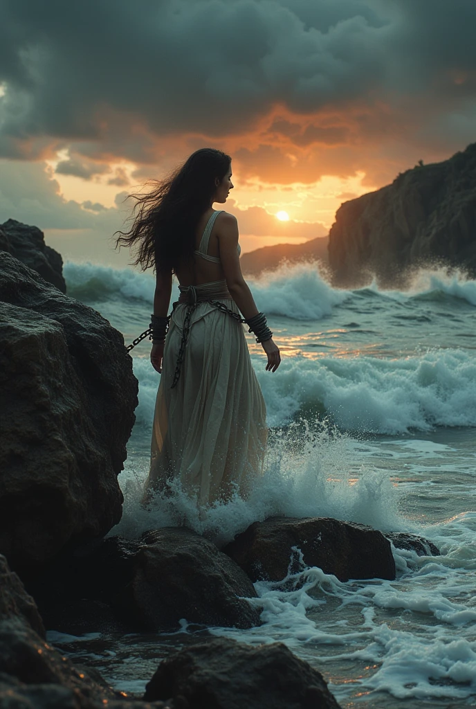 A dramatic scene of Andromeda from Greek mythology, bound by chains at the shoreline, with waves crashing around her. She is a beautiful woman with long flowing dark hair, her arms stretched out and shackled to the sides of a large, jagged rock. The rock is positioned at the edge of a turbulent sea, with foamy waves splashing at her feet, and dark storm clouds fill the sky above. Her expression is one of both fear and resignation, as she gazes toward the horizon, awaiting her fate. The lighting is dim, with a setting sun casting an eerie, orange glow on the scene, highlighting the tension of her helplessness. The background shows distant cliffs and crashing waves, emphasizing the isolation of her predicament."