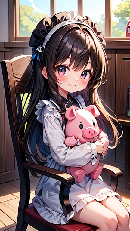 8k⒉5D Anime Japan Character Style 1 cute  in a white Gothic dress with a big ruby eye that fits into a round face, smiling and sitting in a big wooden chair with her favorite stuffed pig in her arms