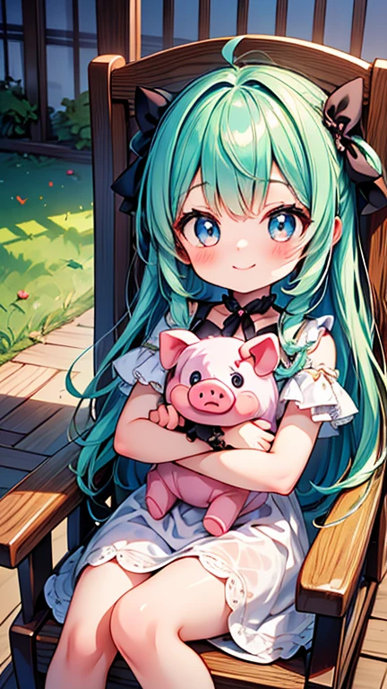 8k⒉5D Anime Japan Character Style 1 cute  in a white Gothic dress with a big ruby eye that fits into a round face, smiling and sitting in a big wooden chair with her favorite stuffed pig in her arms