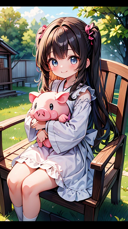 8k⒉5D Anime Japan Character Style 1 cute  in a white Gothic dress with a big ruby eye that fits into a round face, smiling and sitting in a big wooden chair with her favorite stuffed pig in her arms