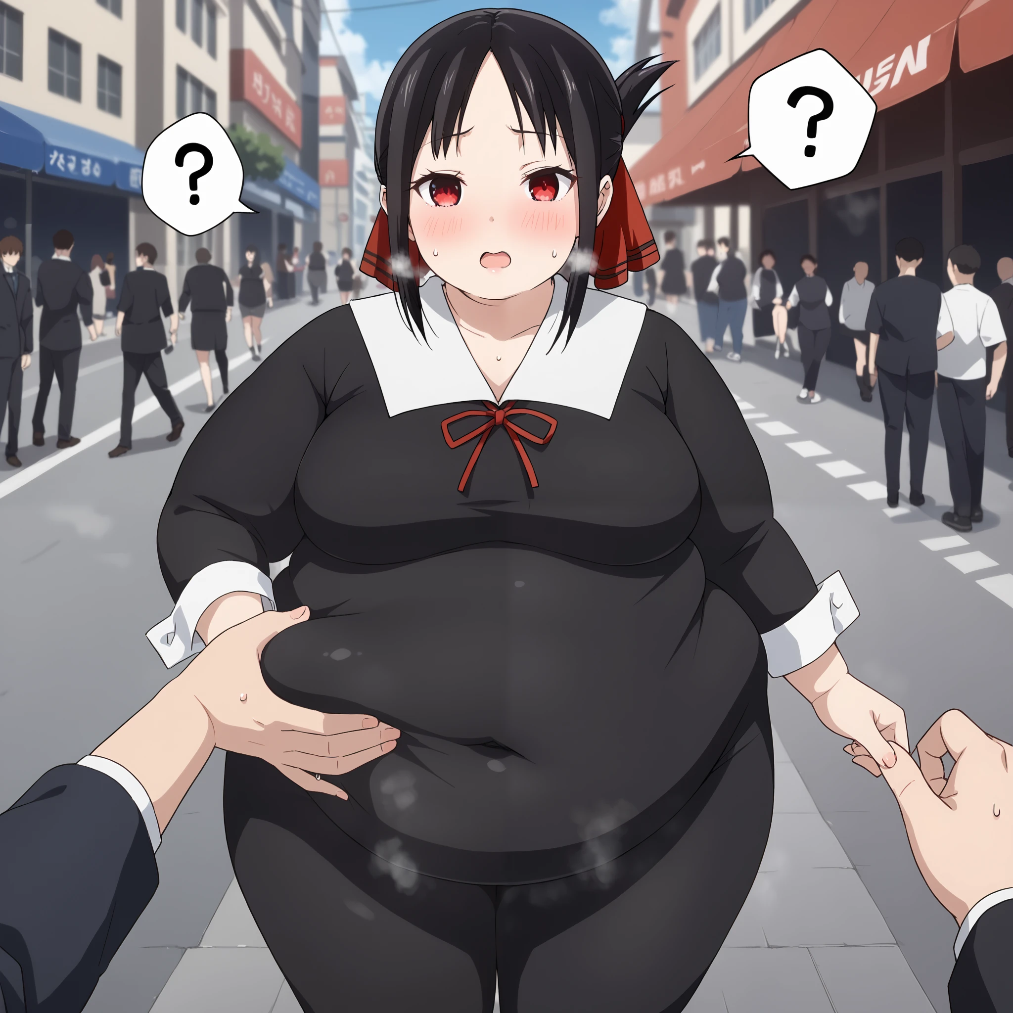 score_9, score_8_up, score_7_up, source_anime BREAK 1girl, Shinomiya Kaguya, (black tracksuits,) black hair, red eyes , steam, steaming, (sweat)1.4, very sweaty, sweaty body, steaming body,, looking at viewer,  standing, outside, city, street, crowd, , , ass, , skindentation, rating_safe bulging belly, fat, chubby, obese, open mouth, out of breath, absurdres, highres icon, rating:General, confused, blush, spoken question mark, {flustered}, nervous sweating, portrait, pov hands, hand on another's belly, averting eyes, [looking away], straight-on, from above,, swollen face, masterpiece, best quality, ultra-detailed, high resolution, 8K, absurdres, highres icon,
