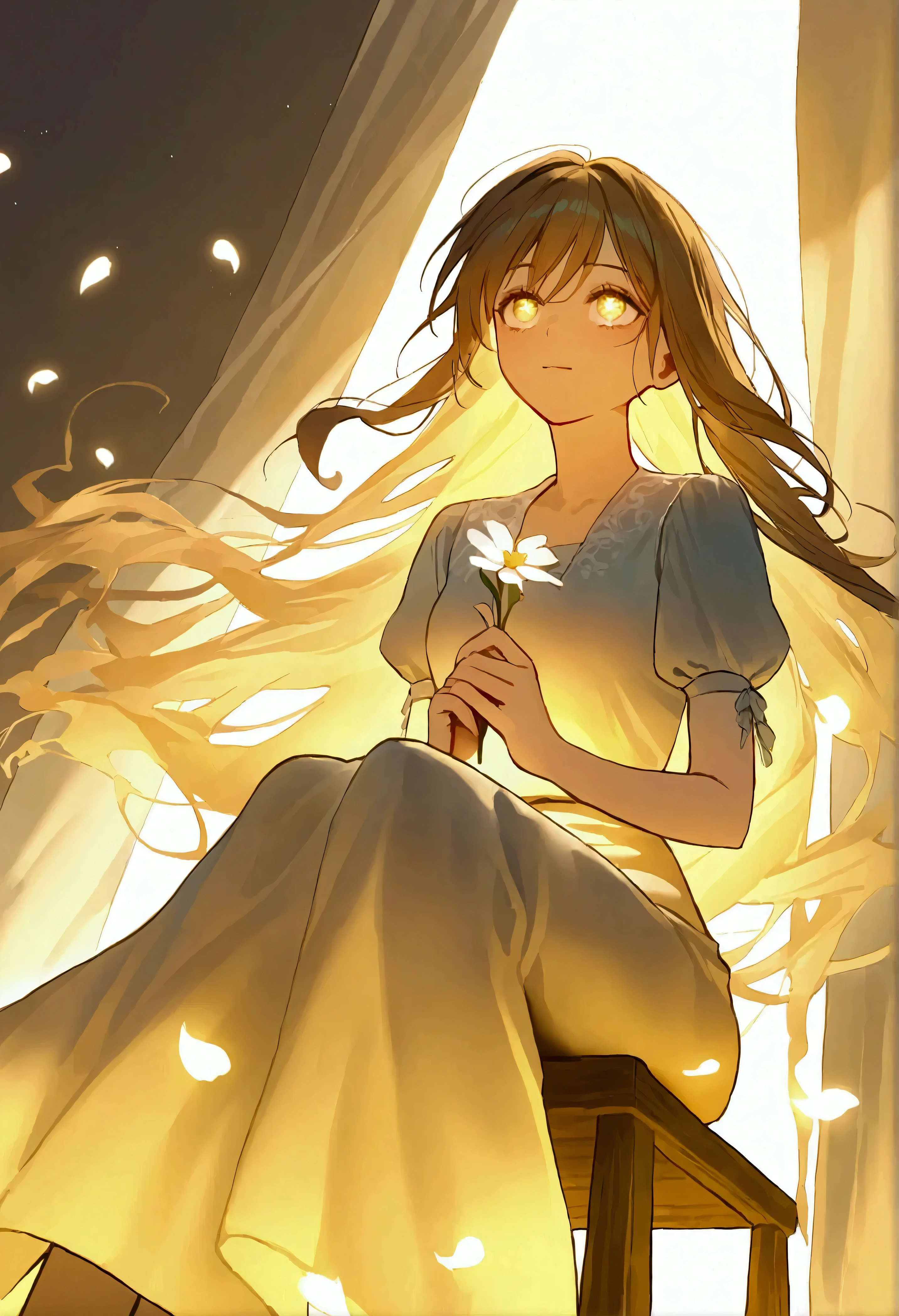 dimly lit room, 1young girl with long flowing hair, sitting on an old wooden chair, holding a small flower, looking up with tearful eyes, soft and warm golden light surrounding her, faint glowing petals floating in the air, an ethereal figure of a father fading in the background, calm yet sorrowful atmosphere, dreamlike and emotional setting, serene and heartfelt tone,