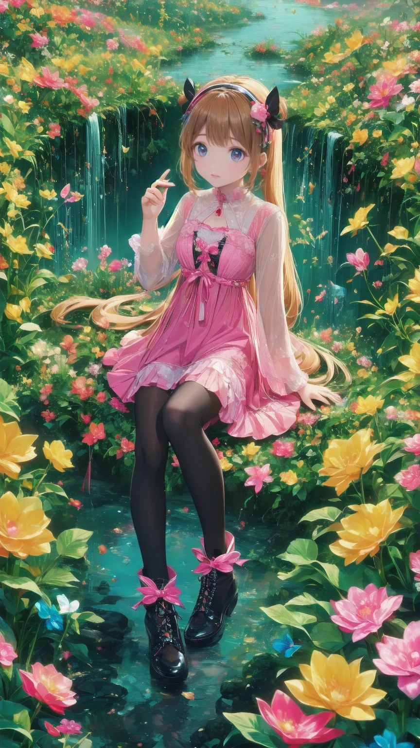   anime style 、story、、   pretty girl 、とてもcute天使、  pink gothic dress 、cute、baby face、smile、  Long Skirt 、   black boots 、Very cute headband
