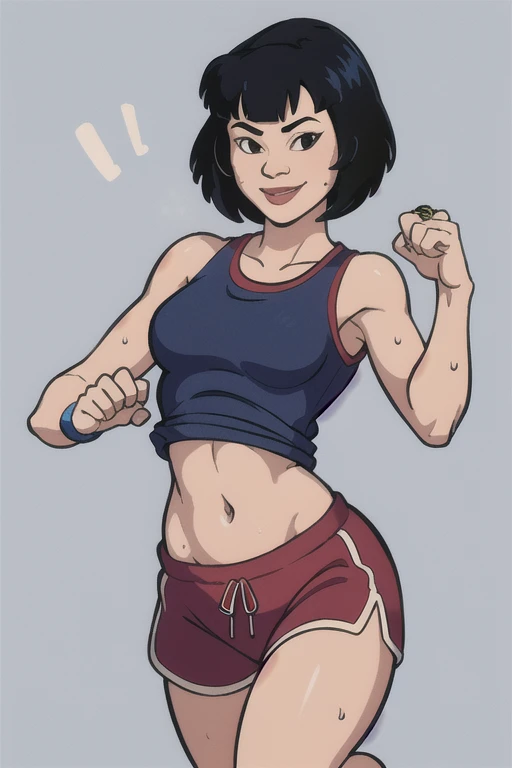 masterpiece, best quality, 1girl, gi, black hair, short hair, black eyes, looking at viewer, ring, smile, solo, simple background, gym clothes, gym shorts, blue tank top, running, sweaty, exhusted