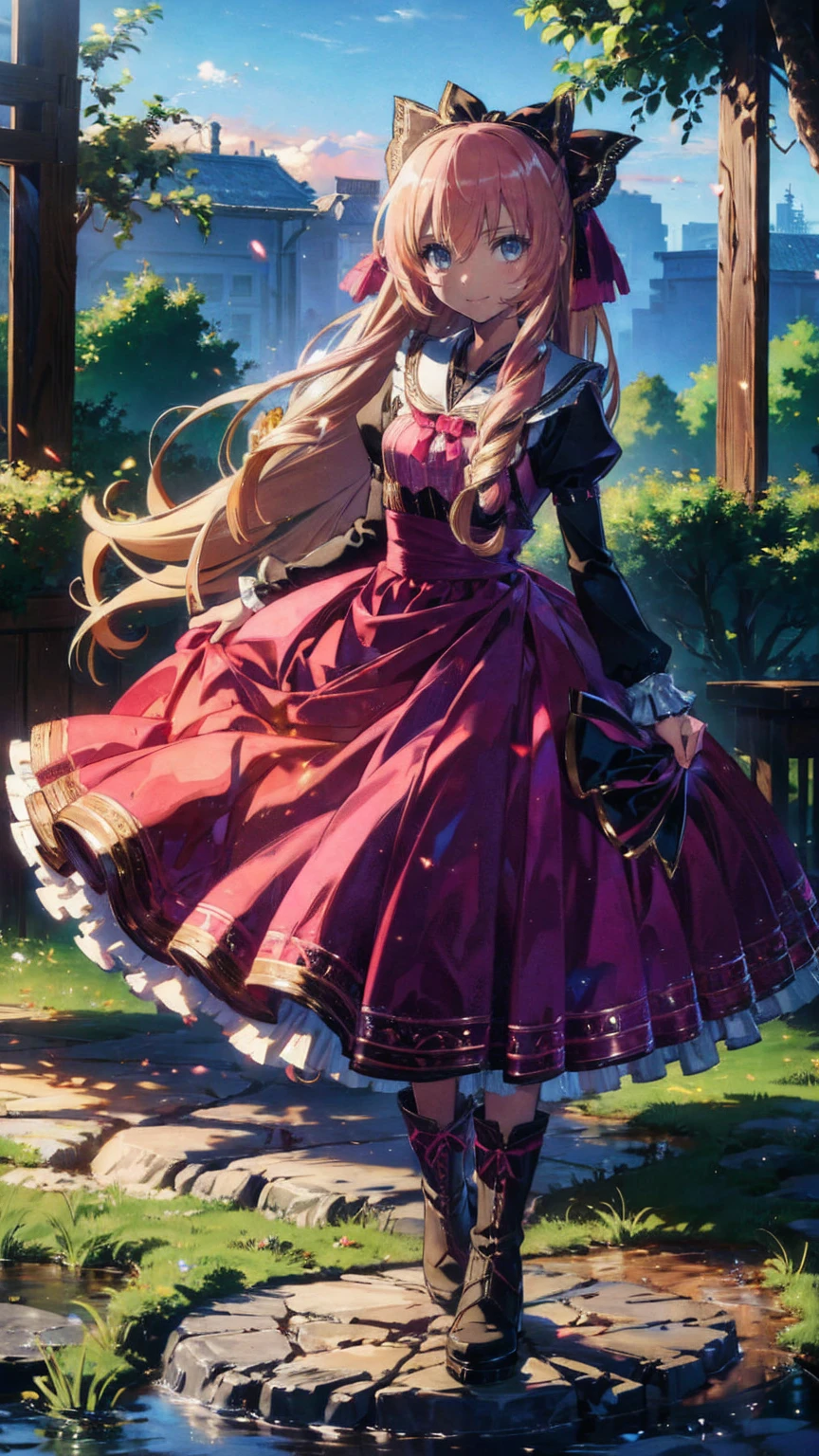   anime style 、story、、   pretty girl 、とてもcute天使、  pink gothic dress 、cute、、smile、  Long Skirt 、   black boots 、Very cute headband
