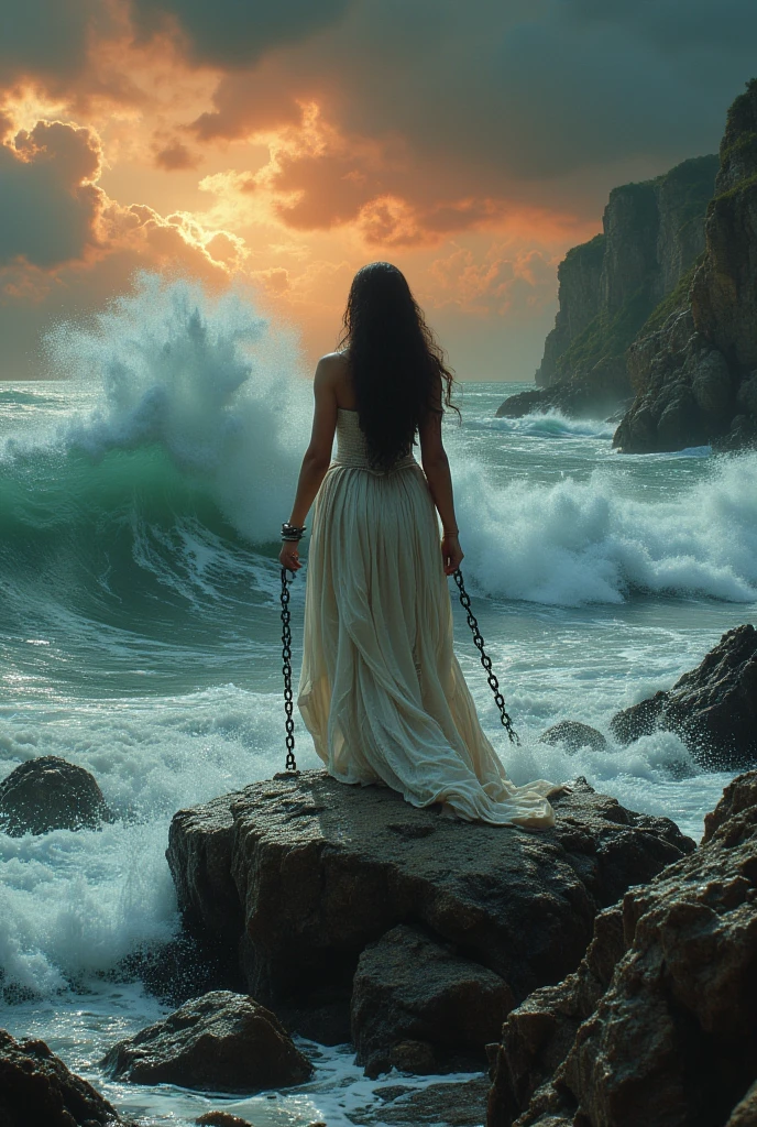 A dramatic scene of Andromeda from Greek mythology, bound by chains at the shoreline, facing directly forward. She is a beautiful woman with long flowing dark hair, her arms stretched out and shackled to the sides of a large, jagged rock. The rock is positioned at the edge of a tumultuous sea, with massive, towering waves crashing violently against the rocks and splashing over her feet. Her expression is one of both fear and resignation, as she looks straight ahead with wide eyes, resigned to her fate. The sky above is dark with storm clouds, and the scene is illuminated by an eerie, orange glow from the setting sun. The waves rise high, creating a sense of danger and chaos, while the distant cliffs and crashing surf intensify her isolation."