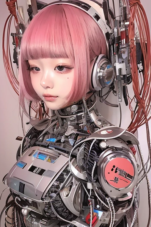 masterpiece, best quality, extremely detailed,portrait,front view,Japaese android girl,Plump, control panels,android,Droid,Mechanical Hand, Robot arms and legs,Blunt bangs,long tube,thick cable connected her neck