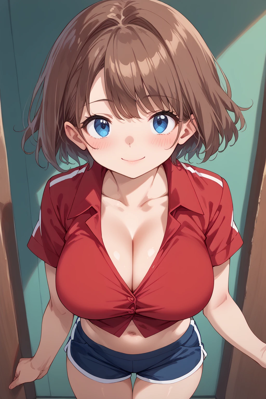 score_9, score_8_above, score_7_above, to break,  anime style , ,  Blue Eyes,  brown hair ,  short hair, red stripe,  red shirt,  short sleeves , shezfe , shorts preto, torso,  convinced smile ,  gigantic bust , Toned, strong,  bodysuit, large neckline, Slightly showing breasts , large neckline,  neckline going up to the navel