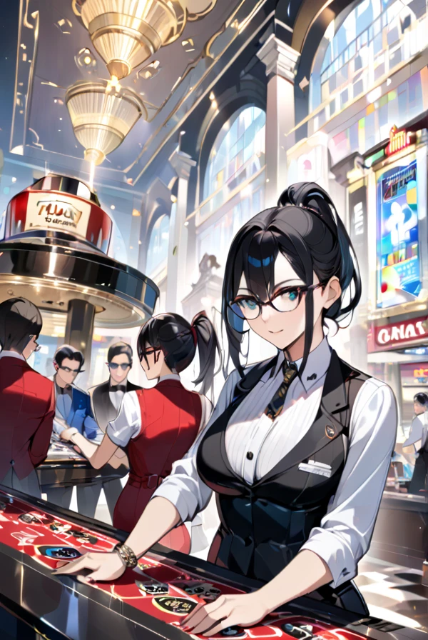 Black hair, ponytail, glasses, dealer, casino, blackjack