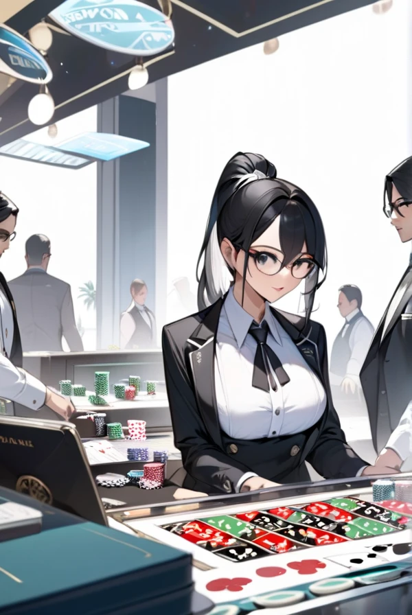 Black hair, ponytail, glasses, dealer, casino, blackjack