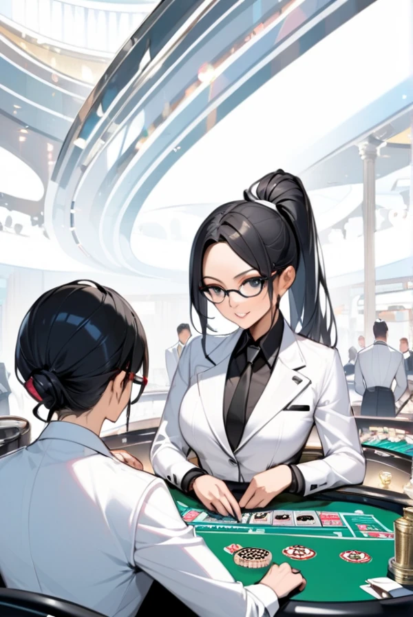 Black hair, ponytail, glasses, dealer, casino, blackjack