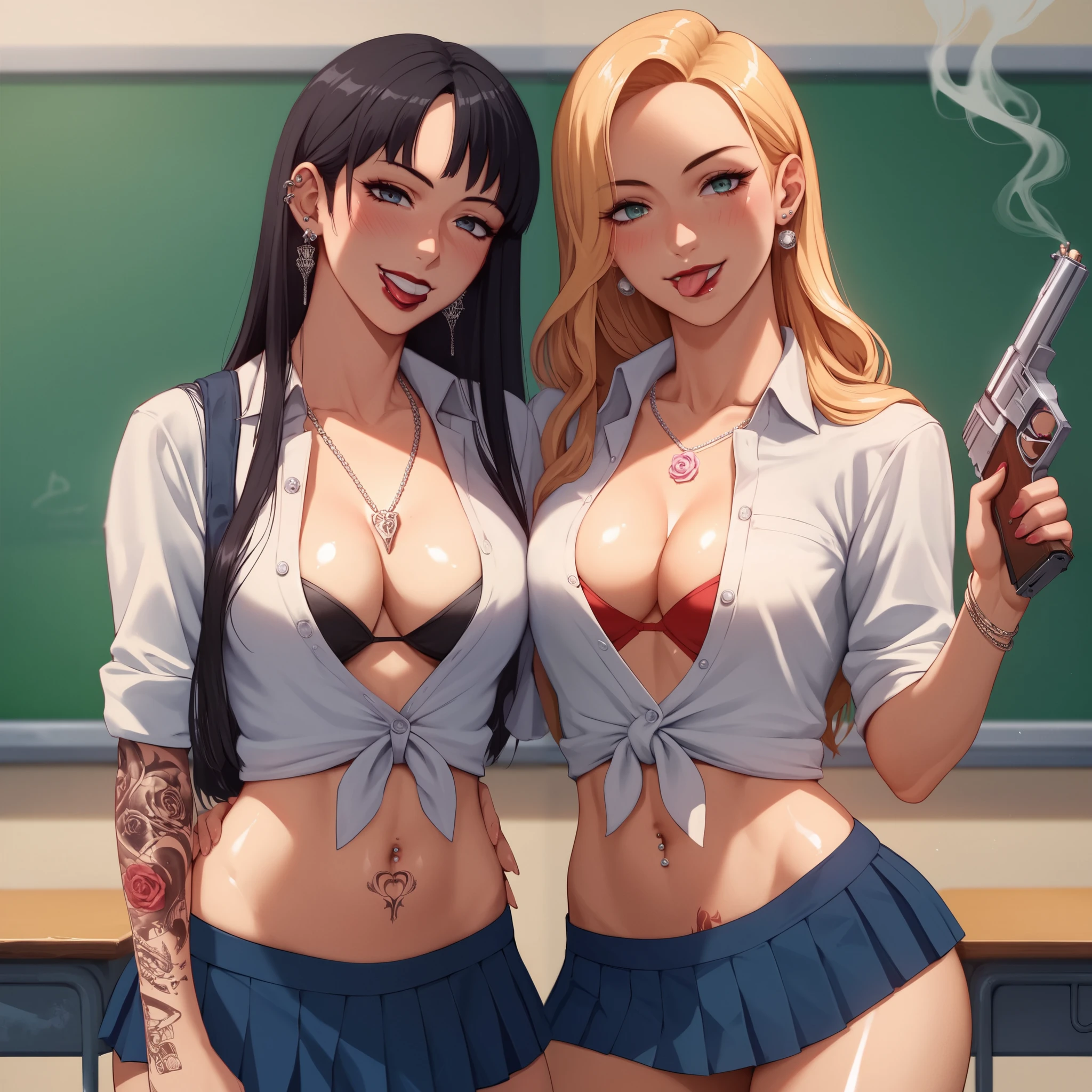 2girls, two girls, long hair, , anime girl, ear piercing, long hair, blush, lipstick,Hot girl, baddie, smoking, sensual, attractive ,jewelry, earrings,  ecchi anime style, anime girls ,
ecchi style, digital anime art!!,  anime style 4k, masterpiece, best quality, ((unbuttoned school uniform, cleavage, necklace, earrings, sexy body,
breasts)) , micro skirt, smiling, navel , exposed belly, exposed navel,(nsfw) not safe for work,school,
classroom , hold a gun,knot, holding pistol,, tattoo, tattoo midriff, rose tattoo, navel piercing, shiny skin, tongue out,