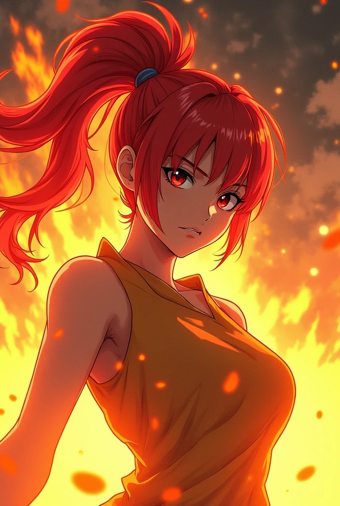 make me a picture:panel comics baku no hero,Female gender,Red hair with white streaks, waist-length,gray eyes,wearing a short white dress
