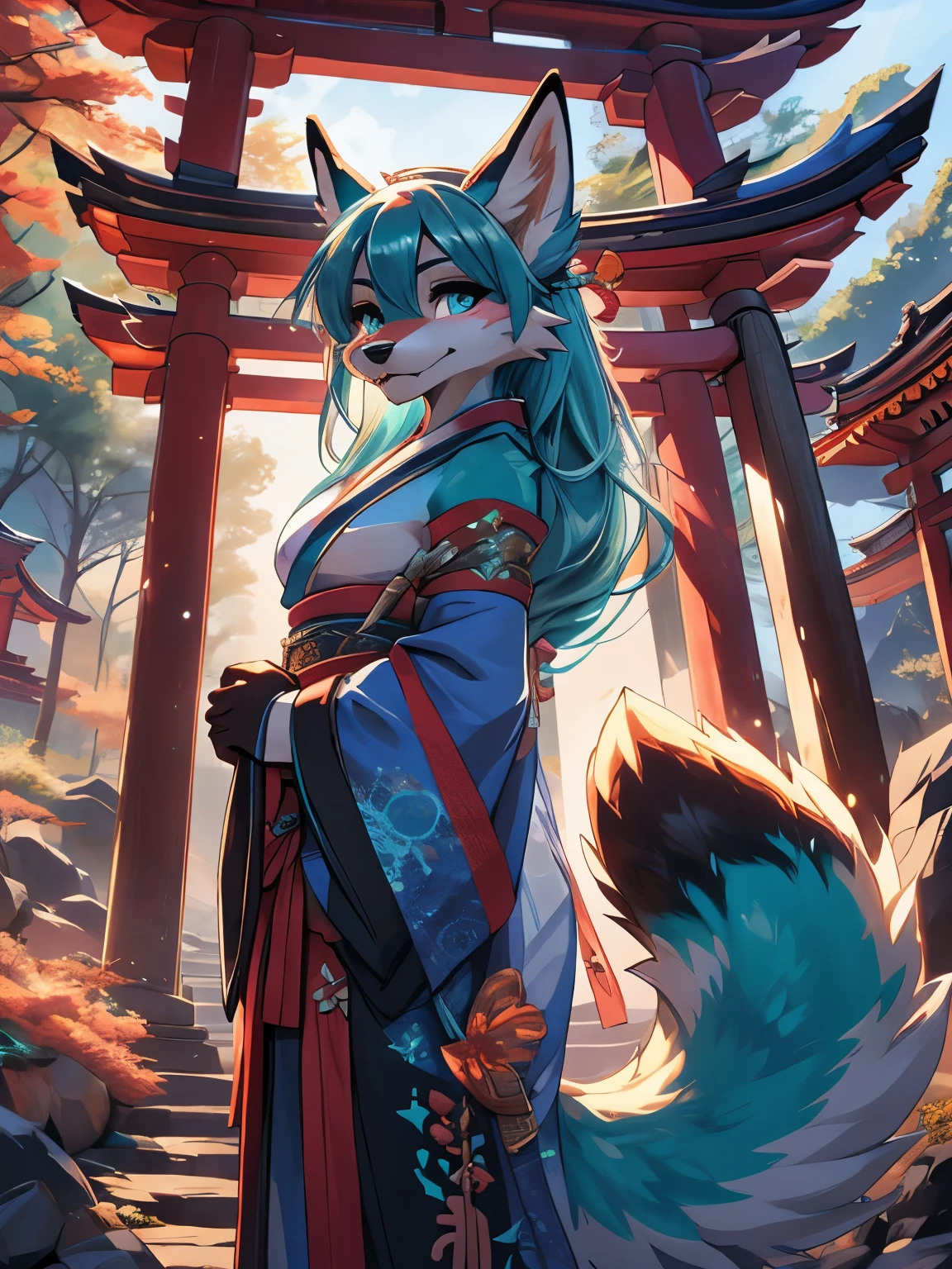 Miku Hatsune x vixen high definition good anatomy add_detail:1, blue fur,kitsune ears, tribal tattoo add_detail:1, cute girl add_detail:1, feudal priestess clothing add_detail:1, japanese shrine landscape add_detail:1, japanese shrine costume add_detail:1, add_detail:1, fullbody  descalza add_detail, highly detailed face, deep aqua iris add_detail:1 lighting eyes add_detail:3, wolf claws, sharp fangs add_detail:1, wild slut add_detail:1, aura of resplendent light add_detail:3,  sakuras landscape add_detail:1