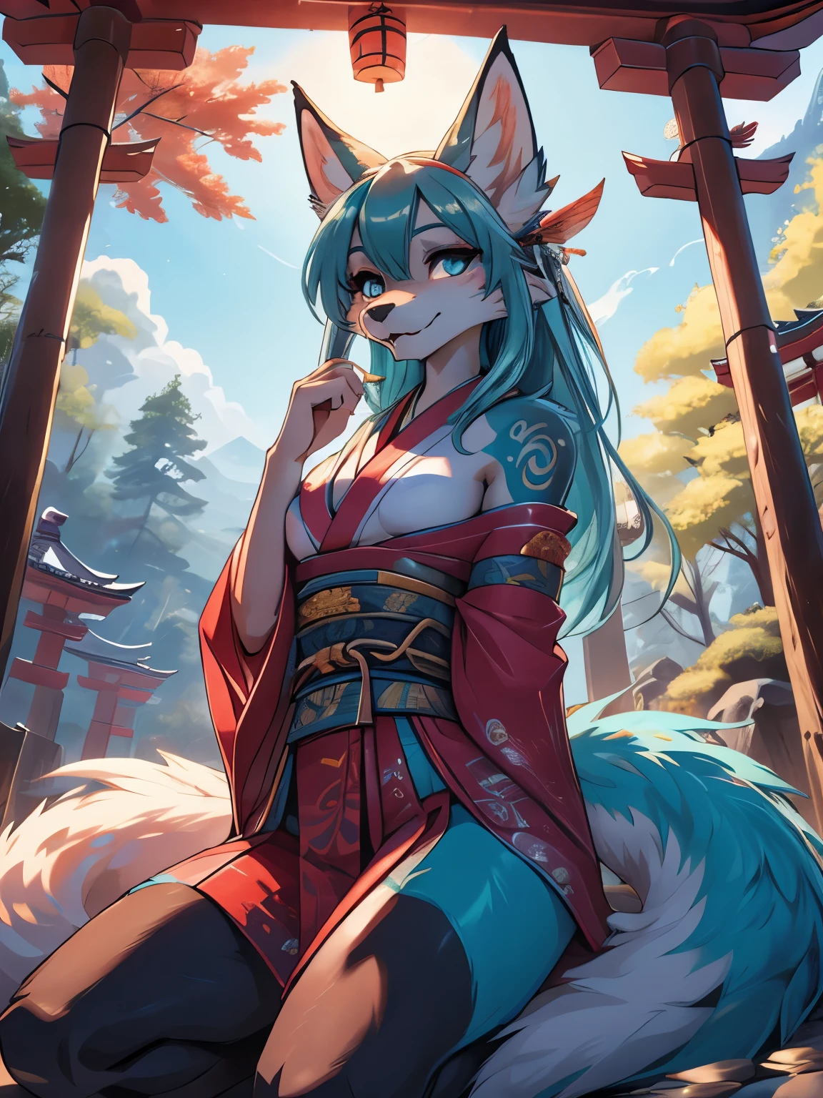 Miku Hatsune x vixen high definition good anatomy add_detail:1, blue fur,kitsune ears, tribal tattoo add_detail:1, cute girl add_detail:1, feudal priestess clothing add_detail:1, japanese shrine landscape add_detail:1, japanese shrine costume add_detail:1, add_detail:1, fullbody  descalza add_detail, highly detailed face, deep aqua iris add_detail:1 lighting eyes add_detail:3, wolf claws, sharp fangs add_detail:1, wild slut add_detail:1, aura of resplendent light add_detail:3,  sakuras landscape add_detail:1