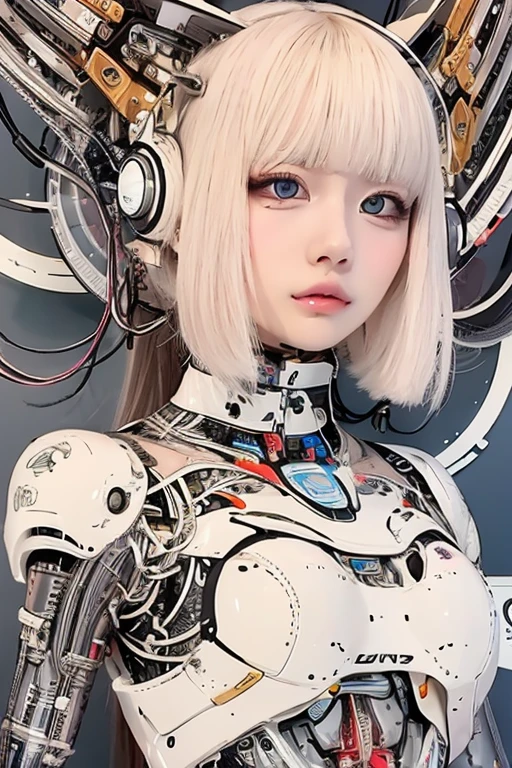 masterpiece, best quality, extremely detailed,portrait,front view,Japaese android girl,Plump, control panels,android,Droid,Mechanical Hand, Robot arms and legs,Blunt bangs,long tube,thick cable connected her neck