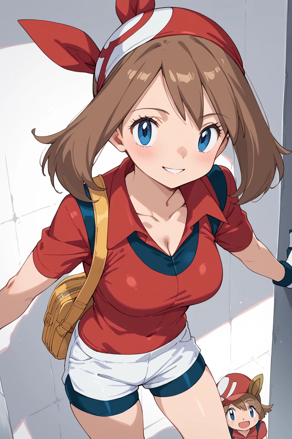 score_9, score_8_above, score_7_above, to break,  anime style , ,  Blue Eyes,  brown hair ,  short hair, red stripe,  red shirt,  short sleeves , shezfe , shorts preto, torso,  convinced smile , large bust, Toned, strong, baby bodysuit, large neckline, Slightly showing breasts , large neckline,  neckline going up to the navel, May de Pokemon, Character: May from the Pokemon series