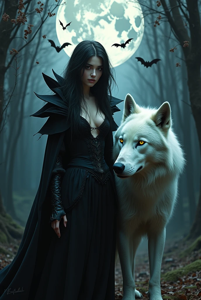 brunette with long hair in dark fantasy, full body with legs , white wolf