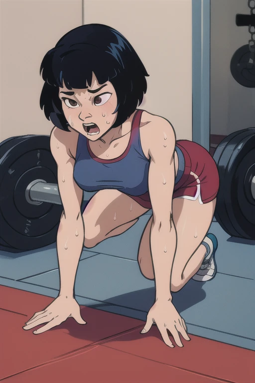 masterpiece, best quality, 1girl, gi, black hair, short hair, black eyes, gym background, gym concept, sport skirt, she is sporting, GYM, sweating profusely, exhausted, breathing, open mouth, steam coming out of her mouth, tight gym shorts, tight gym tank top, bending over, hands on knees, dripping sweat, dripplits of sweat on the floor, puddle of sweat