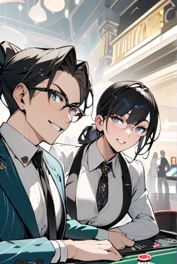 Black hair, ponytail, glasses, dealer, casino, blackjack