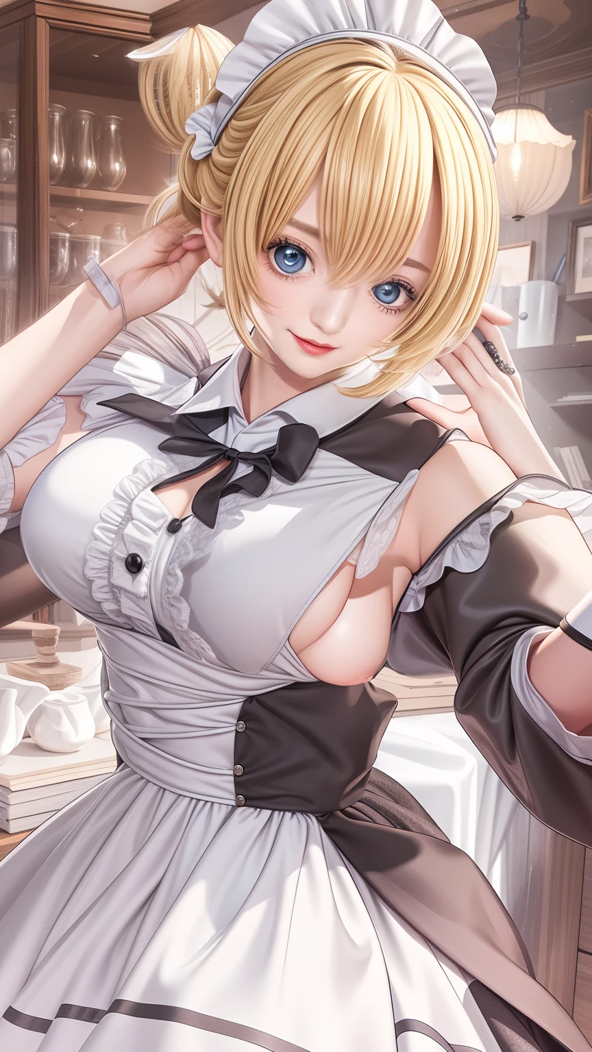 (  from the front  :1.3),   Masterpiece ,   best quality , 8k,  high definition ,   best quality ,  anime style , Best writing,  beautiful face,   Masterpiece 、 high definition 、koala, The best finger, The best eyes, (Beautiful Makeup:1.1), ( charming eyes:1.3)、 beautiful blonde ,  shorthair、 blue eyes、Big Breasts, ( Maid Dress:1.3), ( black dress:1.3), (White collar:1.3)、(cuffs:1.3)、 best smile、,  open your mouth , ( close:1.3),  free pose,   have an antique shop , Antique items 