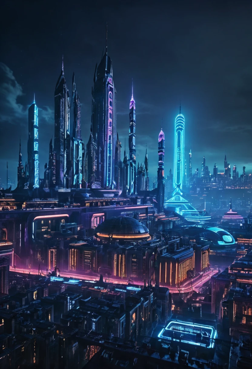 A future city from the past, retro futuristic cyberpunk, ancient Roman architecture, vast city skyline, towering spires and domes, glowing neon lights, dark shadows, moody atmosphere, vibrant colors, cinematic lighting, highly detailed, 8K, photo-realistic, masterpiece,line art,