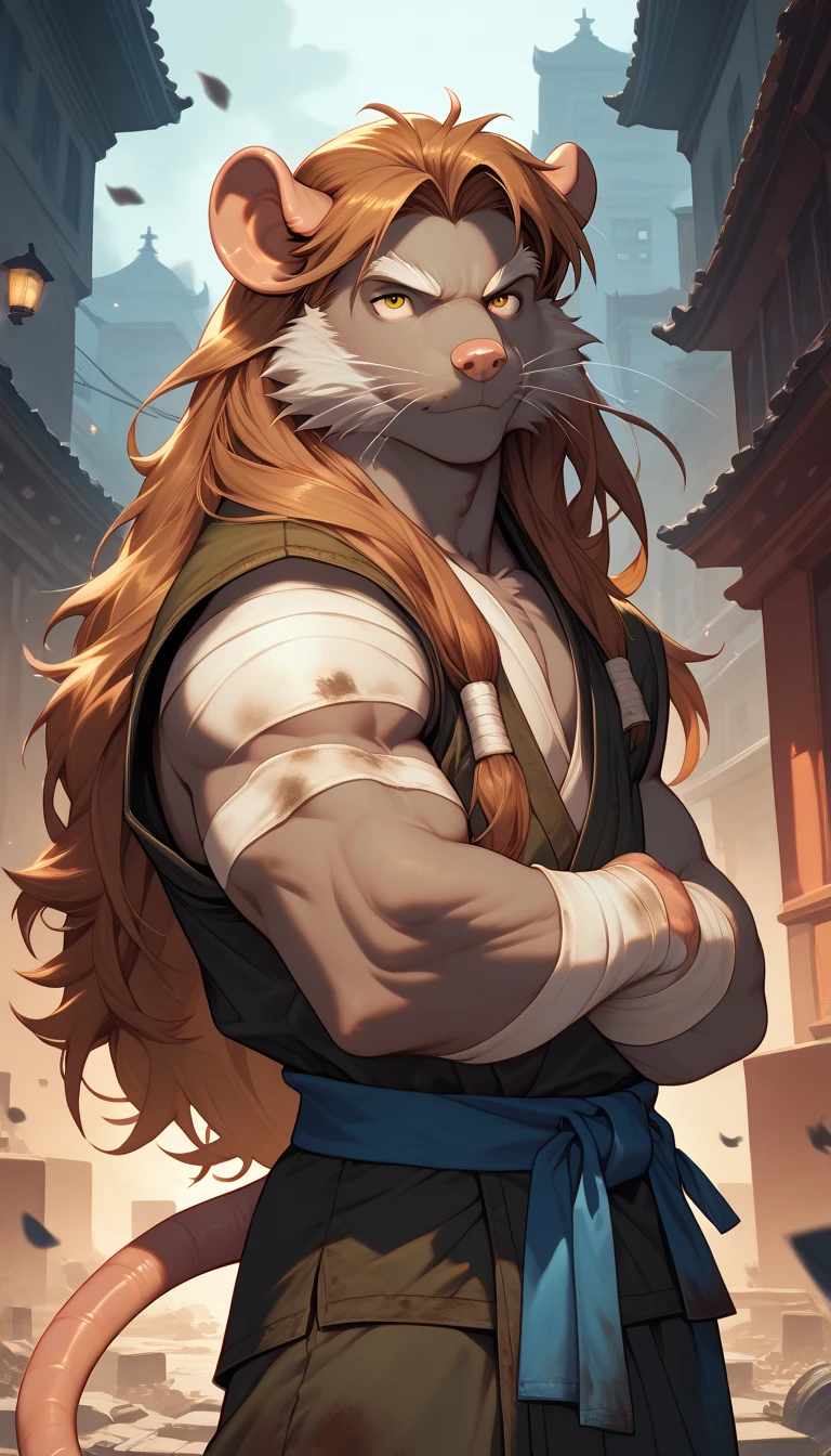 Alone,long hair,golden eyes, hairstyle, monk,buff,young,dirty clothes, bandages, fur-trimm,rat furry,master Splinter, dark city background 