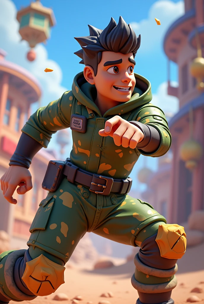 create image of a young boy named Doom. He is around 10 years old, with a bright and adventurous look in his eyes. He wears a futuristic explorer outfit, complete with a utility belt and gadgets. His hair is short and slightly messy, and he has a small, confident smile. The background should be a blend of ancient ruins and futuristic landscapes, representing his ability to time travel.