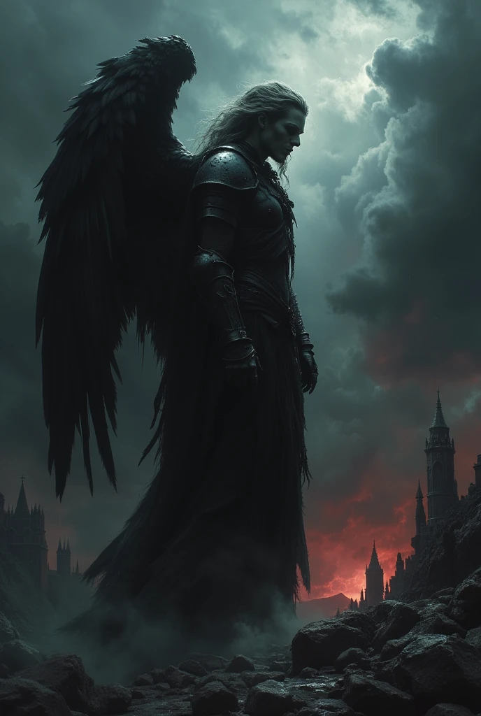 Angel of the Darkness, a dark and dramatic character depicted in a cinematic, impressionistic style. The angel has a brooding, ethereal beauty, with wings that are shadowed and almost ethereal in texture, blending into the surrounding dark atmosphere. The figure stands in an ominous, desolate setting, with twisted, jagged rocks and a deep, swirling storm cloud backdrop. The overall mood is dark and foreboding, with sharp contrasts of light and shadow in the style of chiaroscuro. The angel's features are haunting, illuminated by faint, cold light that cuts through the blackened haze. The color palette is dark, with deep reds, purples, and blacks, creating a sense of otherworldly despair and mystery. The composition is intricate and photorealistic, reminiscent of the works of Jeremy Mann, Charles Dana Gibson, and Mark Demsteder. The piece captures an intense emotional atmosphere, with soft, natural volumetric lighting adding to the haunting beauty of the angel. The overall tone is reminiscent of the dark, surreal works of Zdzisław Beksiński, H.R. Giger, and the dramatic, painterly styles of Raphael and Caravaggio. The piece is incredibly detailed, resembling a high-definition, octane-rendered painting in 8k resolution, creating an award-winning masterpiece with surreal, otherworldly qualities."