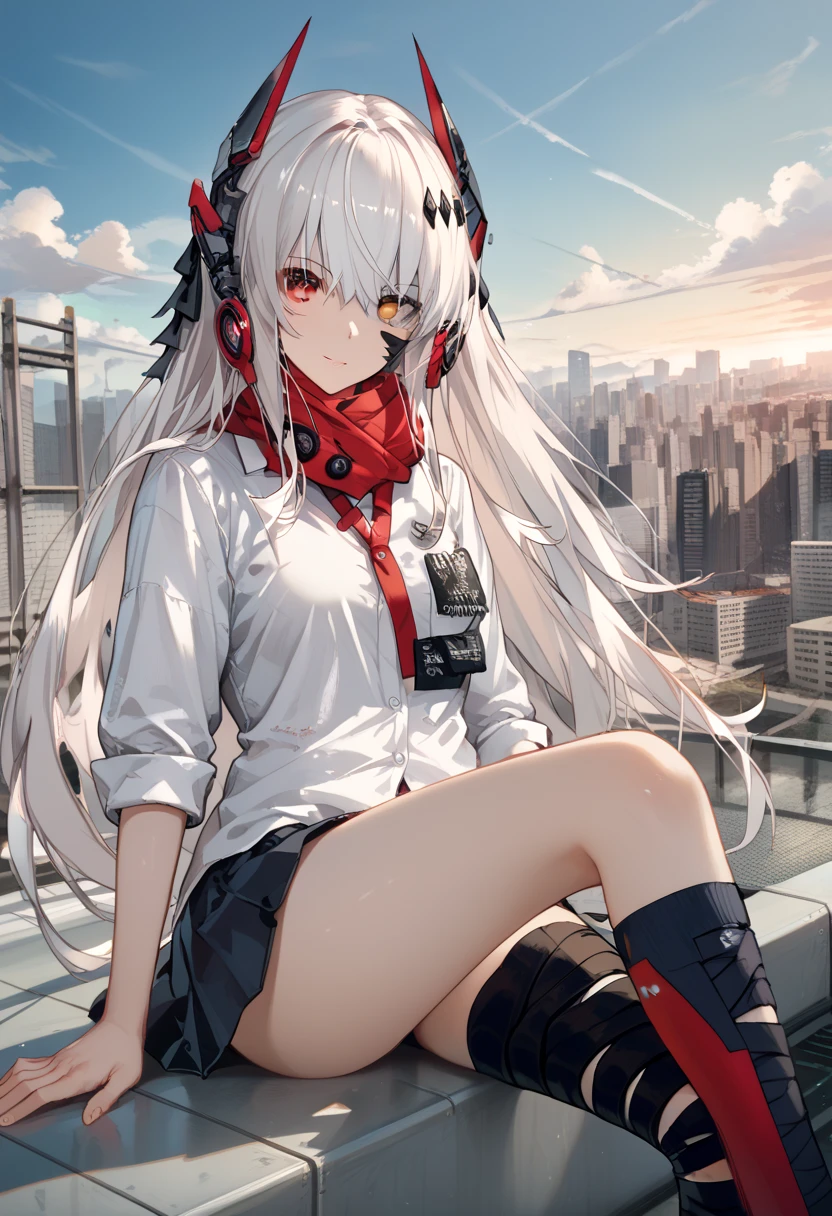 zPDXL2, score_9_up, score_8_up, score_7_up, (Anime_source), 1girl, CrimsonAbyss, Heterochromia, red eye, grey eye, white hair, school shirt, white shirt, headgear, (bandaged leg), cowboy shot, looking at viewer, sitting on roof, dutch angle floating hair, cyber city
