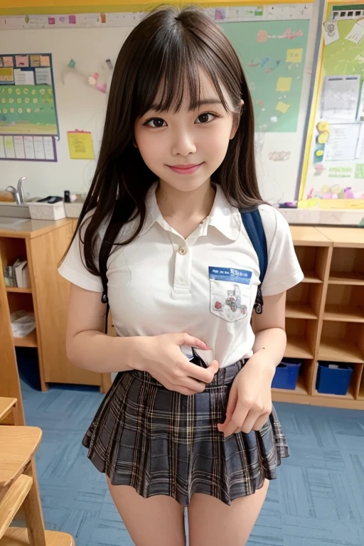 ((Highest quality)), ((masterpiece)), (Familiar), Perfect Face,Japanese,9 years old,girl,cute,(Primary school students:110%),Private elementary school,uniform,Short sleeve blouse,Checked mini skirt,school bag,In the classroom,(Top-down angle or (upskirt:40%)),(skirt lift:50%) & (Checkered skirt or (Shaved pussy:95%)),(世界で一番cutegirl:1.1),(Sometimes nipples pumping:60%),(school bag:100%),(Licking the cum:20%),(Masturbating with a tennis racket:100%)