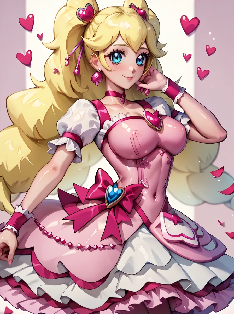 arms behind head:2.0,looking at viewer:2.0,large breasts,1cute girl,impish smile,blush,masterpiece, best quality, very aesthetic, absurdres, detailed background, shiny skin,   pose,cure peach