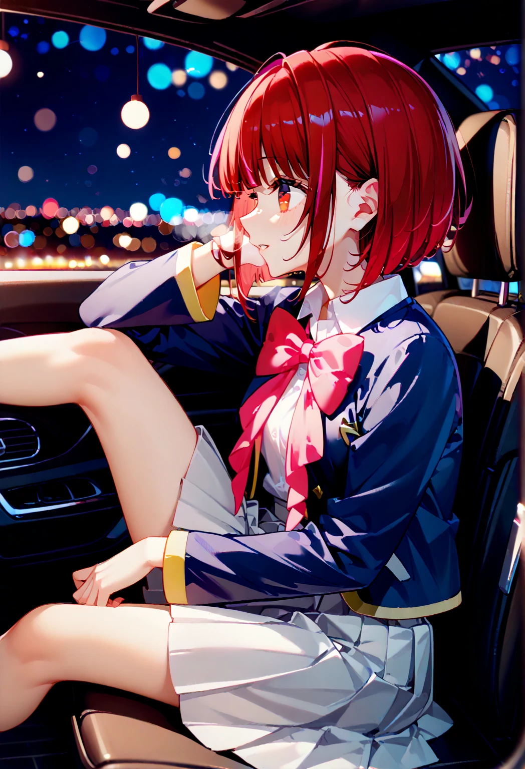 illustration,hyper quality,nime style woman sitting in a car wearing a pink button up shirt, 1girl, car interior, sitting, bow, skirt, jacket, short hair, bowtie, blue jacket, solo, school uniform, red hair, long sleeves, pink bow, breath, bangs, red eyes,arimakana,night,bokeh,Rear Seat