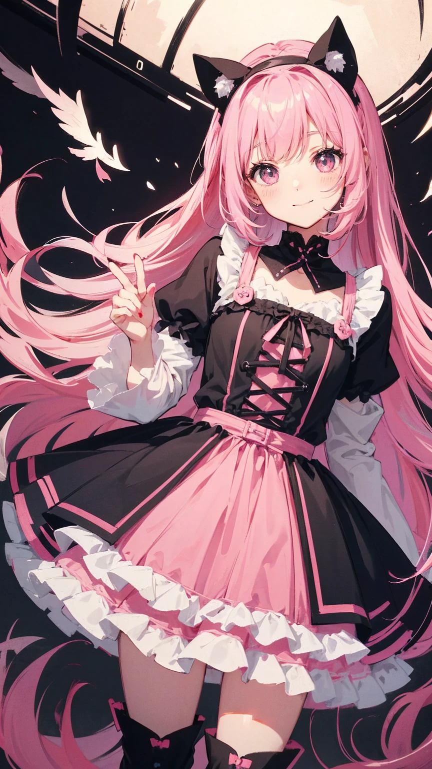 masutepiece, Highest Quality, (Perfect face:1.1), (high detailing:1.1), (ultradetailed eyes), Dramatic, superfine illustration, Extremely detailed,1girl in, teenager,(pale skin), Happy, Laugh, Enjoy,gloweyes,long pinkhair,pink eyes,Ethereal eyes,open mouth, Simple eyes,Solo,Pouty lips,Cinematic lighting,cowboy shot,looking up,Long sleeve,Gothic lolita, frilld, bow ribbon,knee high socks