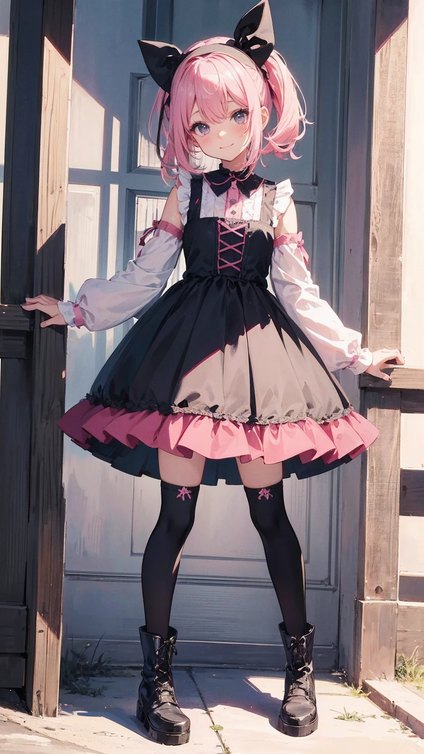   anime style 、story、、   pretty girl 、とてもcute天使、  pink gothic dress 、cute、baby face、smile、  Long Skirt 、   black boots 、Very cute headband
