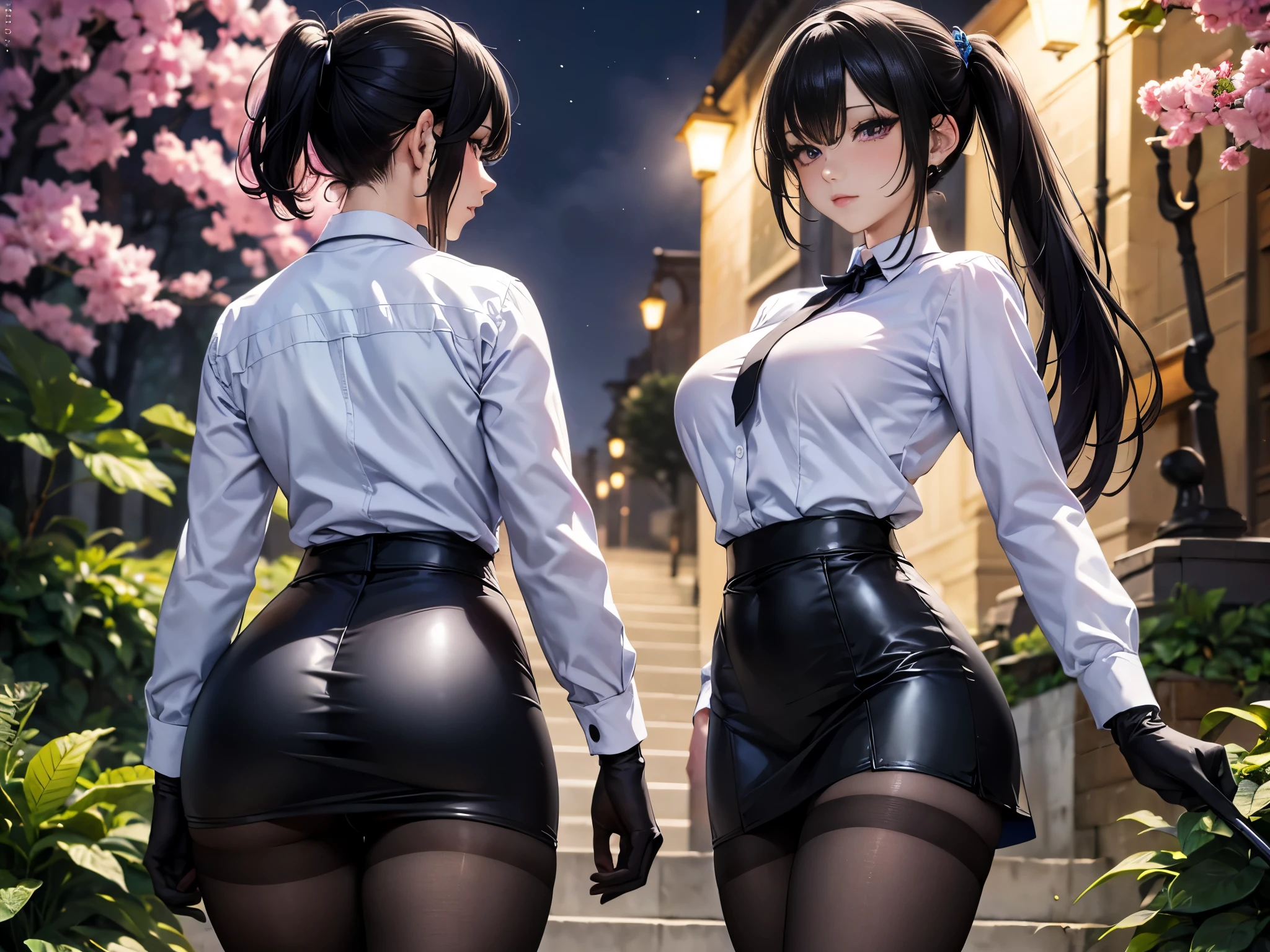 ((table top, highest quality, High resolution, nfsw, perfect pixel, 4K, nffsw, nffsw))), 1 girl, single, alone, beautiful woman、I could see the whole body、 , ((beautiful eyelashes, realistic eyes,realistic eyes)), ((detailed face, blush:1.2)), ((smooth texture:0.75, realistic texture:0.65, realistic:1.1,)), ((perfect hands,perfect fingers)),F cup, slim,dynamic angle, perfect body, ((school uniform, black jacket, open jacket, Brown cardigan, white shirt, black skirt, plaid skirt,black tights,garter belt)), City staircase、Angle looking up from the bottom of the stairs、Very embarrassing panic smile, looked back、leaning forward、(The wind flipped my skirt and exposed my butt...........................、Touching the buttocks with both hands、Random color lace panties)、