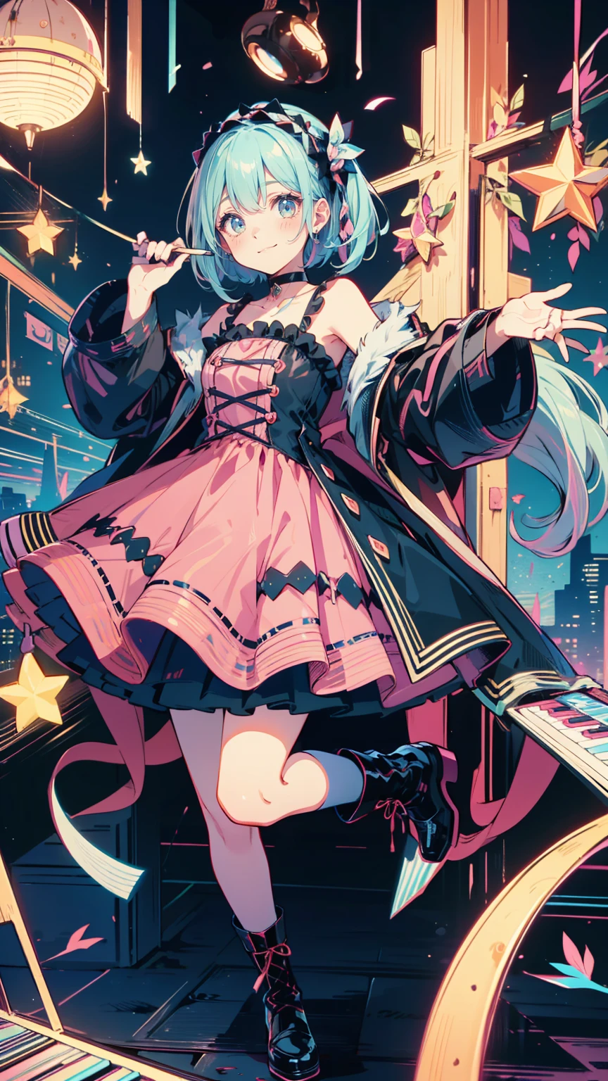   anime style 、story、、   pretty girl 、とてもcute天使、  pink gothic dress 、cute、、smile、  Long Skirt 、   black boots 、Very cute headband
