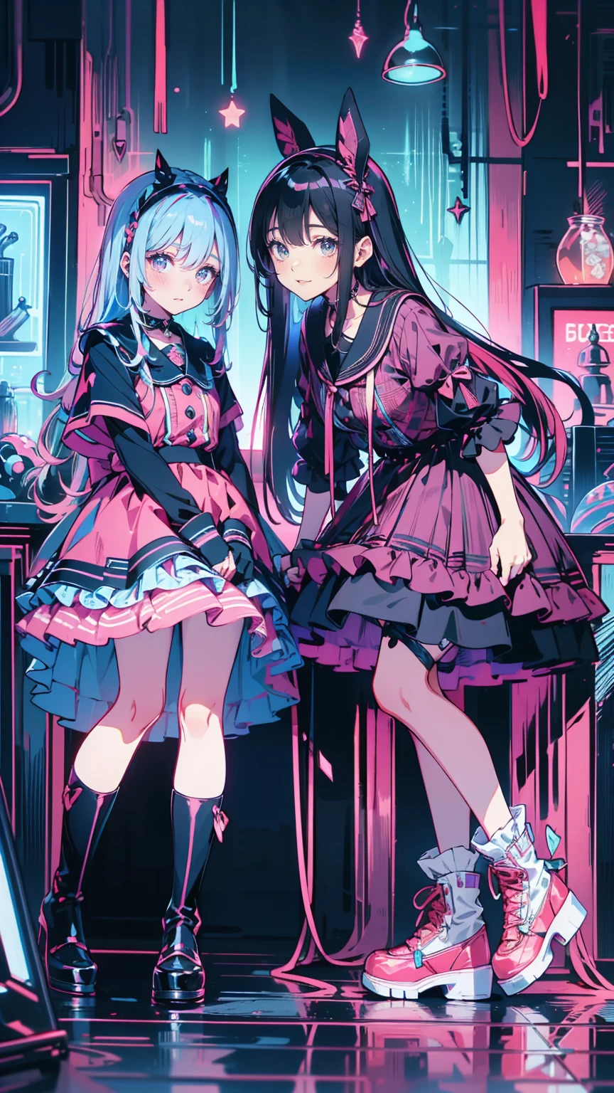   anime style 、story、、   pretty girl 、とてもcute天使、  pink gothic dress 、cute、、smile、  Long Skirt 、   black boots 、Very cute headband
