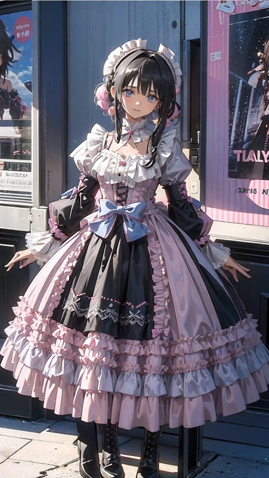  Anime Style、story、、   pretty girl 、とてもcute天使、  pink gothic dress 、cute、、smile、  Long Skirt 、   black boots 、Very cute headband
