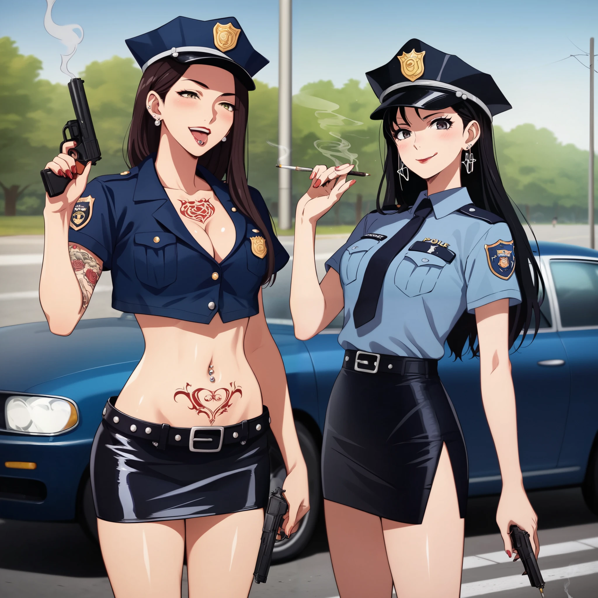 2girls, two girls, long hair, , anime girl, ear piercing, long hair, blush, lipstick,Hot girl, baddie, smoking, sensual, attractive ,jewelry, earrings,  ecchi anime style, anime girls ,
ecchi style, digital anime art!!,  anime style 4k, masterpiece, best quality, highly detailed, a anime girl in police uniforms , police outfit, military outfit,
open mouth, cleavage, evil smile, smile, ecchi anime style, anime girl, digital anime art!!, in anime
style, (nsfw) not safe for work, official artwork, , beautiful anime girl, anime style 4 k, micro pencil
skirt, pencil skirt, micro skirt, exposed
belly, exposed navel, exposed midriff, exposed lower belly, holding a gun, holding pistol,next to police
car,outdoor,street,road, police car,,, tattoo, tattoo midriff, rose tattoo, navel piercing, shiny skin, tongue out,