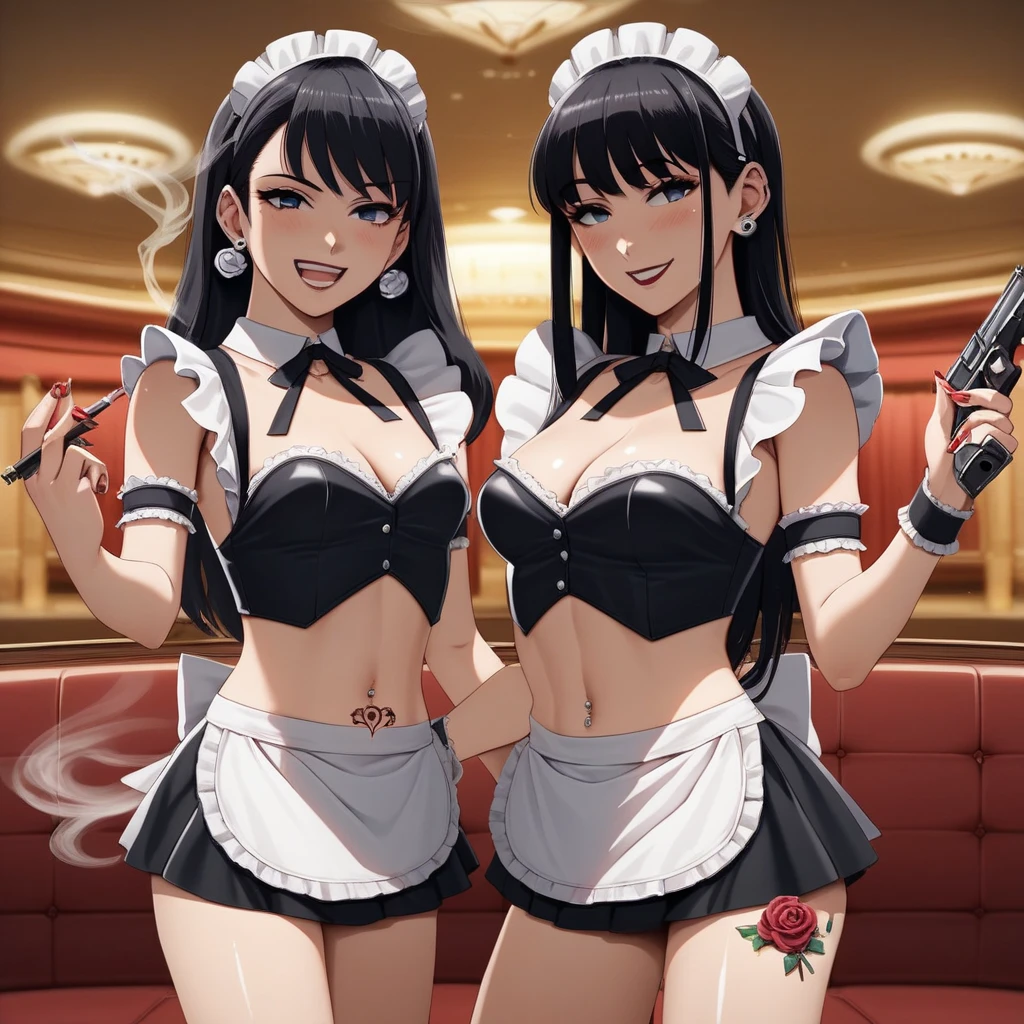 2girls, two girls, long hair, , anime girl, ear piercing, long hair, blush, lipstick,Hot girl, baddie, smoking, sensual, attractive ,jewelry, earrings,  ecchi anime style, anime girls ,
ecchi style, digital anime art!!,  anime style 4k, jewelry, earrings, complex detailed background, casino environment, fancy interior environment, rich
interior, masterpiece, best quality, highly detailed, a anime girl in maid uniforms, holding pistol, maid
outfit, cleavage, evil smile, smile, open mouth ,ecchi anime style, anime girls, ecchi style, ecchi, digital
anime art!!, in anime style, official artwork, (nsfw) not safe for work, beautiful anime maid girl, anime
style 4 k, micro skirt, exposed belly, exposed navel, exposed midriff, exposed lower belly, holding a gun,, tattoo, tattoo midriff, rose tattoo, navel piercing, shiny skin, =